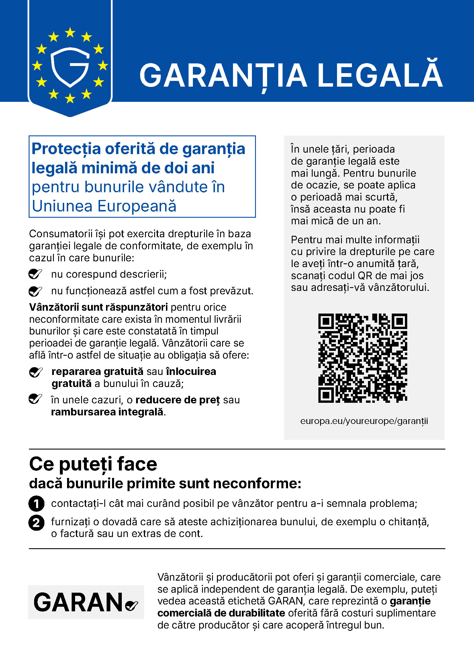 Notificarea UE privind garanția legală de conformitate. Drepturile sunt explicate și în textul de mai jos.