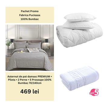 Pachet Promo - Lenjerie de pat damasc PREMIUM + Set 5 prosoape 100% Bumbac + Pilota + 2 Perne | 0008