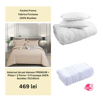 Pachet Promo - Lenjerie de pat damasc PREMIUM + Set 5 prosoape 100% Bumbac + Pilota + 2 Perne | 0007