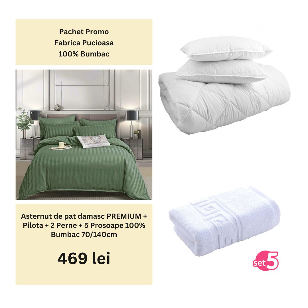 Pachet Promo - Lenjerie de pat damasc PREMIUM + Set 5 prosoape 100% Bumbac + Pilota + 2 Perne | 0006