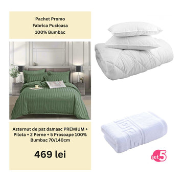 Pachet Promo - Lenjerie de pat damasc PREMIUM + Set 5 prosoape 100% Bumbac + Pilota + 2 Perne | 0006