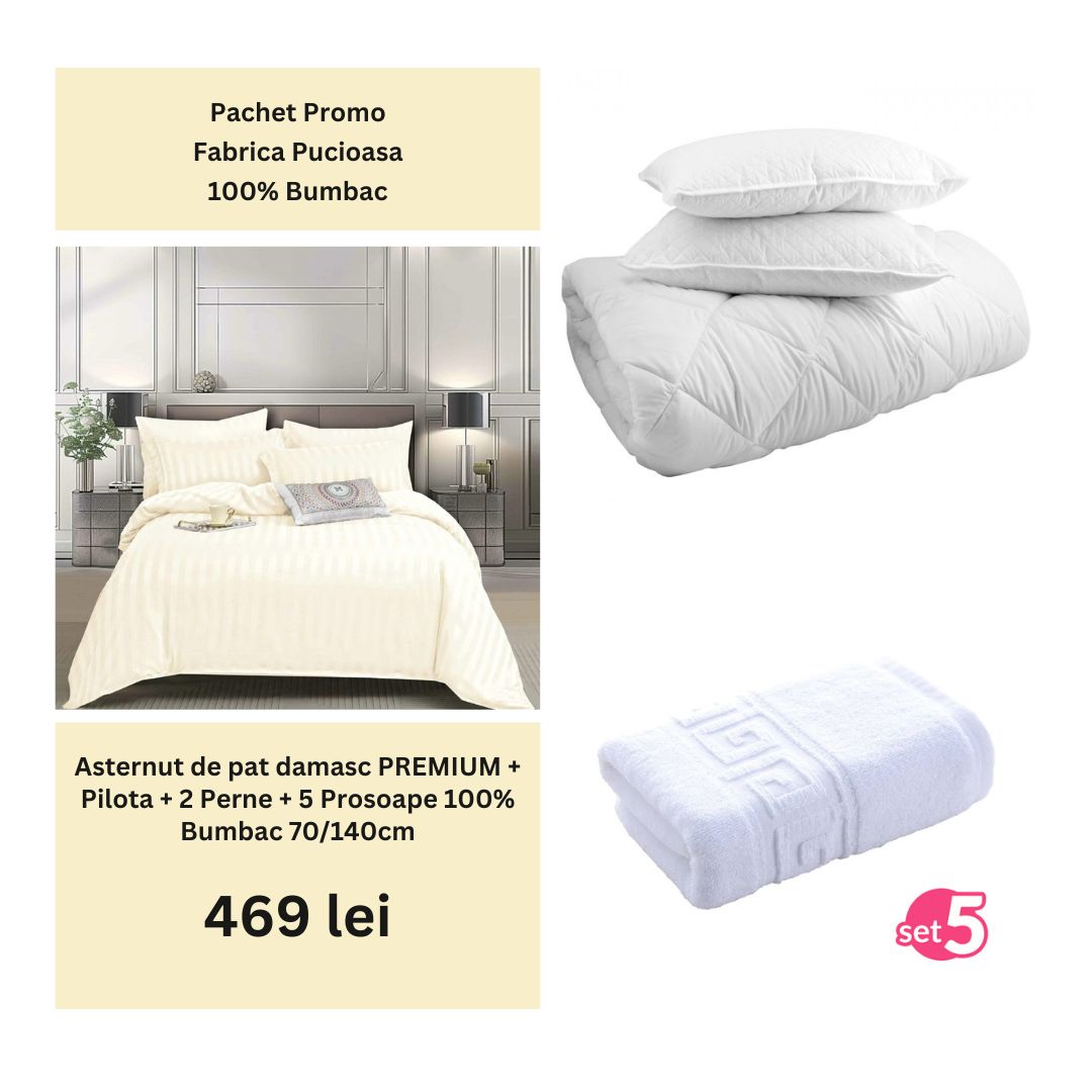 Pachet Promo - Lenjerie de pat damasc PREMIUM + Set 5 prosoape 100% Bumbac + Pilota + 2 Perne | 0005