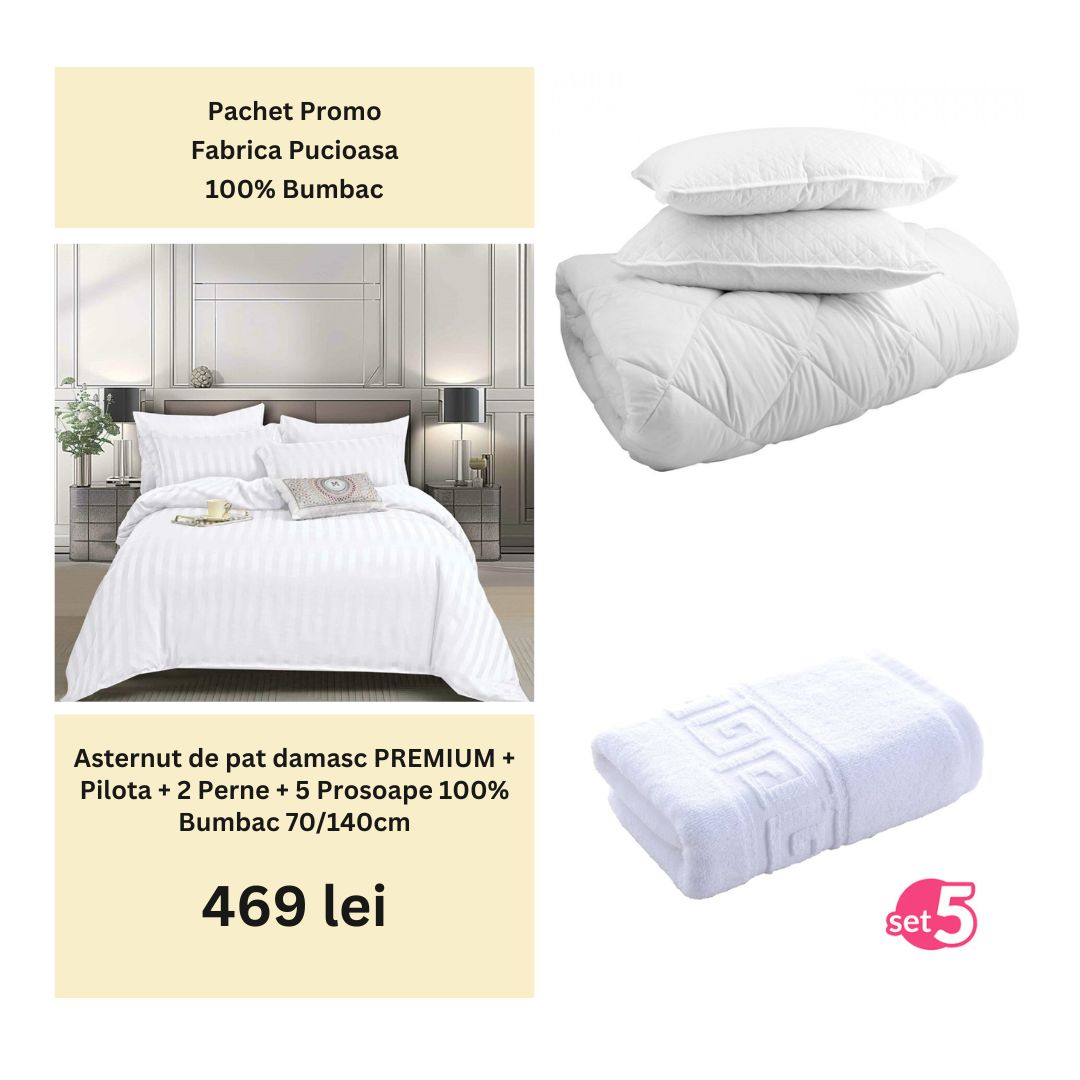 Pachet Promo - Lenjerie de pat damasc PREMIUM + Set 5 prosoape 100% Bumbac + Pilota + 2 Perne | 0004