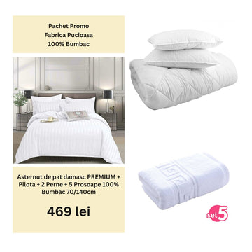 Pachet Promo - Lenjerie de pat damasc PREMIUM + Set 5 prosoape 100% Bumbac + Pilota + 2 Perne | 0004