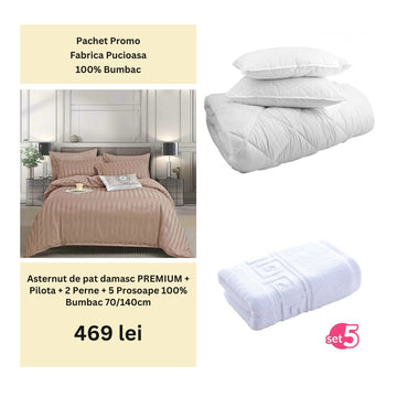 Pachet Promo - Lenjerie de pat damasc PREMIUM + Set 5 prosoape 100% Bumbac + Pilota + 2 Perne | 0003