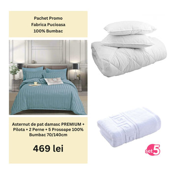 Pachet Promo - Lenjerie de pat damasc PREMIUM + Set 5 prosoape 100% Bumbac + Pilota + 2 Perne | 0002