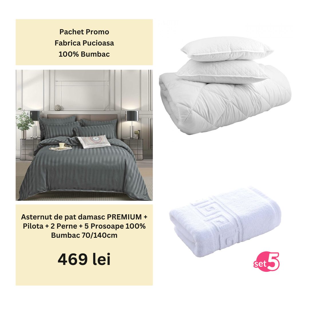 Pachet Promo - Lenjerie de pat damasc PREMIUM + Set 5 prosoape 100% Bumbac + Pilota + 2 Perne | 0001