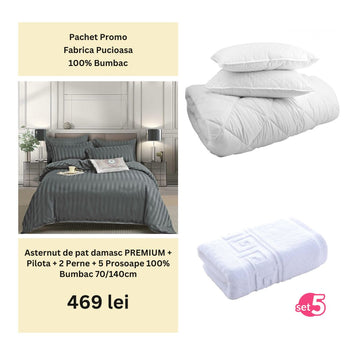 Pachet Promo - Lenjerie de pat damasc PREMIUM + Set 5 prosoape 100% Bumbac + Pilota + 2 Perne | 0001