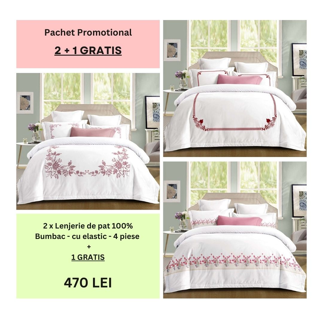 Lenjerie de pat 100% bumbac - cu elastic - 4 piese | 2 + 1 CADOU | 002