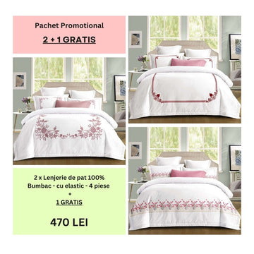 Lenjerie de pat 100% bumbac - cu elastic - 4 piese | 2 + 1 CADOU | 002