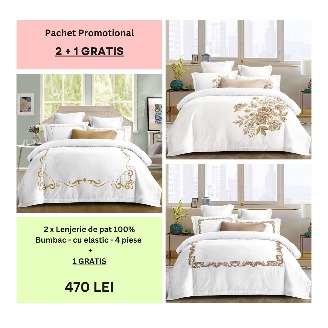 Lenjerie de pat 100% bumbac - cu elastic - 4 piese | 2 + 1 CADOU | 003