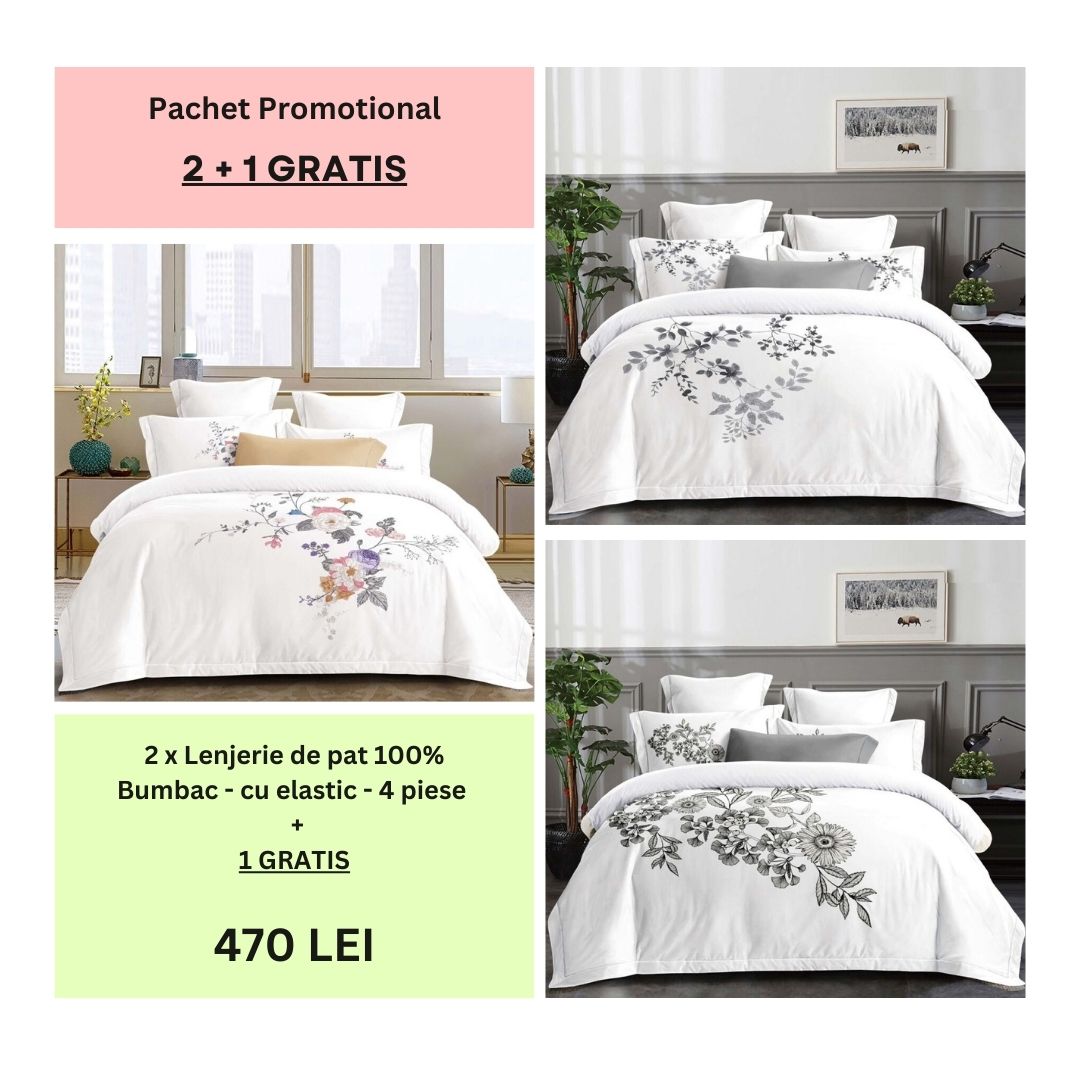 Lenjerie de pat 100% bumbac - cu elastic - 4 piese | 2 + 1 CADOU | 004