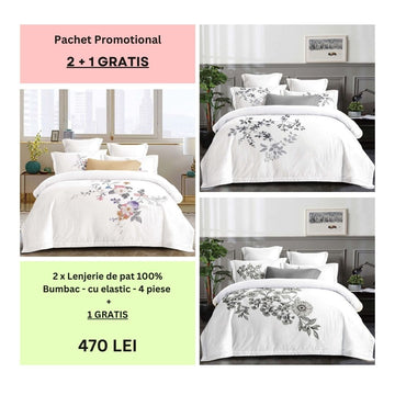 Lenjerie de pat 100% bumbac - cu elastic - 4 piese | 2 + 1 CADOU | 004