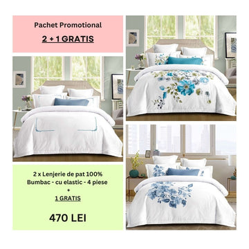 Lenjerie de pat 100% bumbac - cu elastic - 4 piese | 2 + 1 CADOU | 005