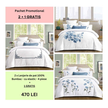 Lenjerie de pat 100% bumbac - cu elastic - 4 piese | 2 + 1 CADOU | 007