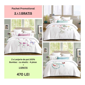 Lenjerie de pat 100% bumbac - cu elastic - 4 piese | 2 + 1 CADOU | 008