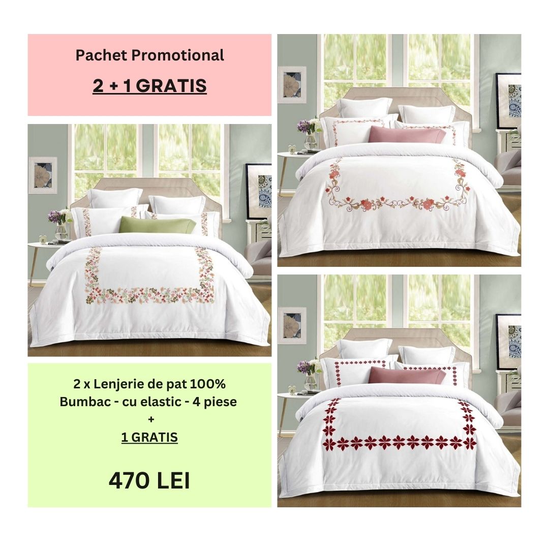 Lenjerie de pat 100% bumbac - cu elastic - 4 piese | 2 + 1 CADOU | 009