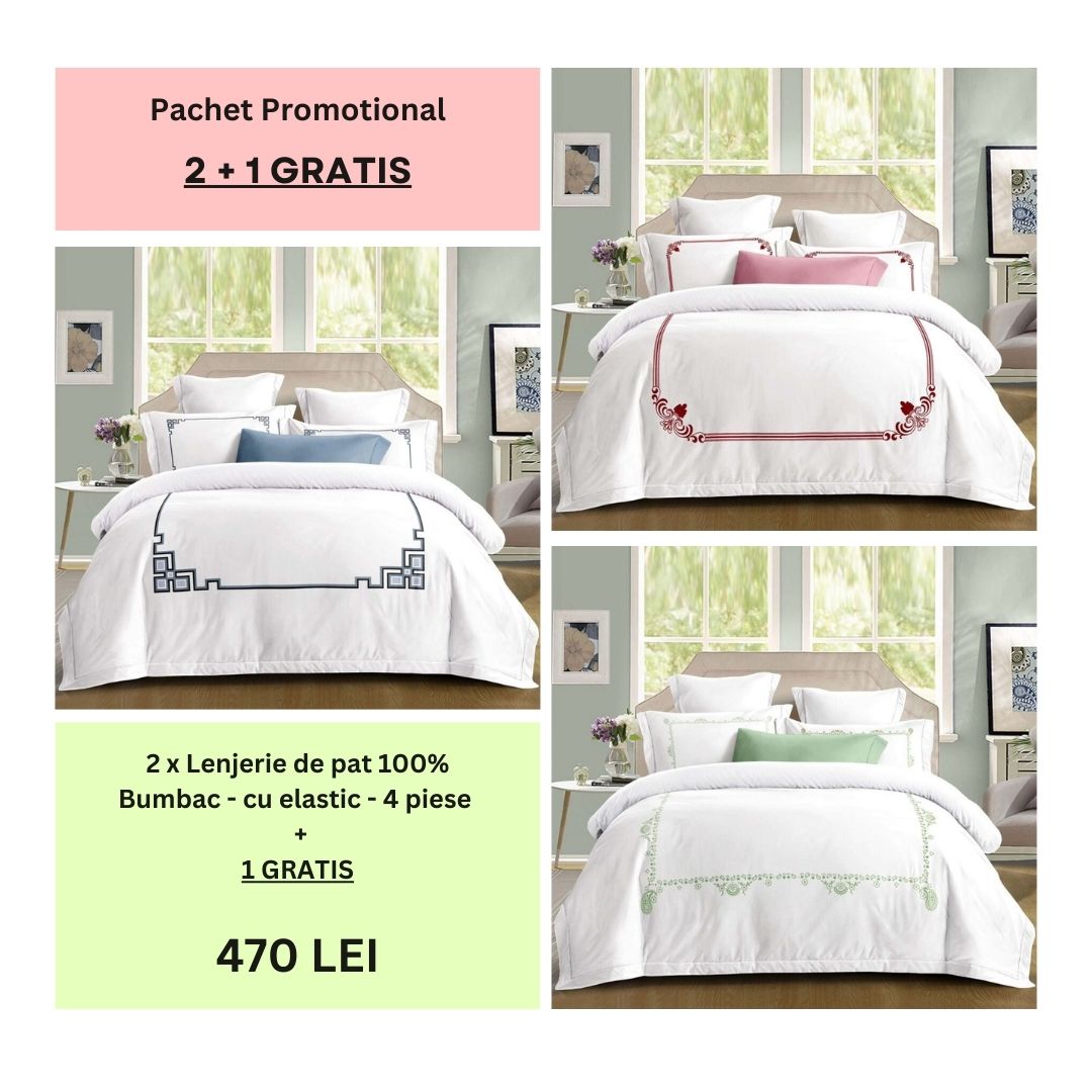 Lenjerie de pat 100% bumbac - cu elastic - 4 piese | 2 + 1 CADOU | 010