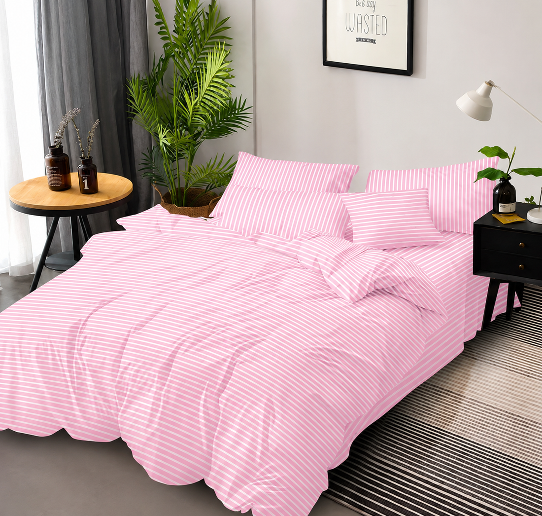 Lenjerie de Pat Damasc Hotelier Roz Deschis cu Elastic 6 Piese, Dungi Fine Satinate, 180x200 cm – 18499-SE