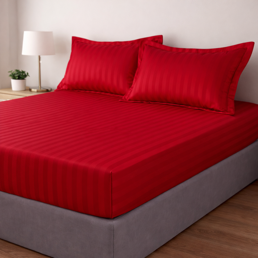 Husa de pat rosie bumbac DAMASC hotelier - cu elastic - 3 piese 160 x 200 cm  | 0023