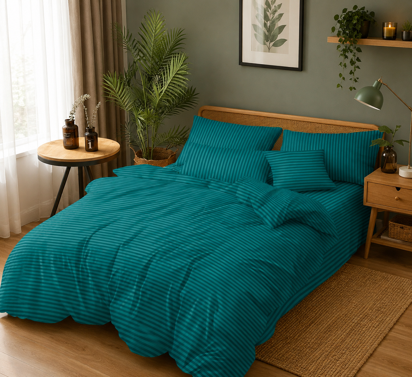 Lenjerie de Pat Damasc Hotelier Verde Petrol cu Elastic 6 Piese, Dungi Fine Satinate, 180x200 cm – 18499-SE