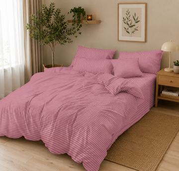Lenjerie de Pat Damasc Hotelier Roz Pudrat cu Elastic 6 Piese, Dungi Fine Elegante, 180x200 cm – 18497-SE