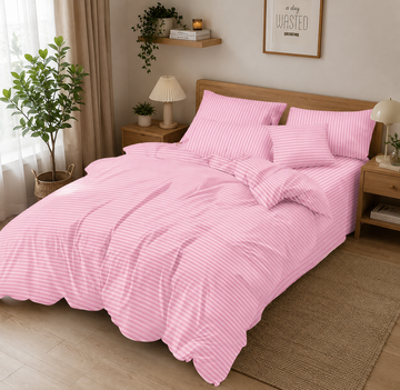Lenjerie de Pat Damasc Hotelier Roz Deschis cu Elastic 6 Piese, Dungi Fine Satinate, 180x200 cm – 18499-SE