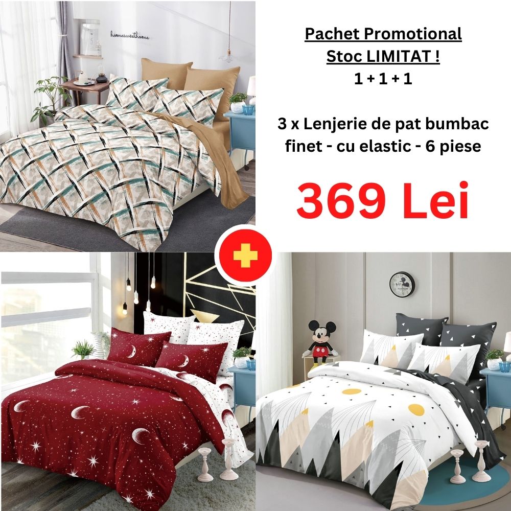Pachet Promo 1+1+1 - Lenjerie de pat bumbac finet cu elastic | 18285-PR