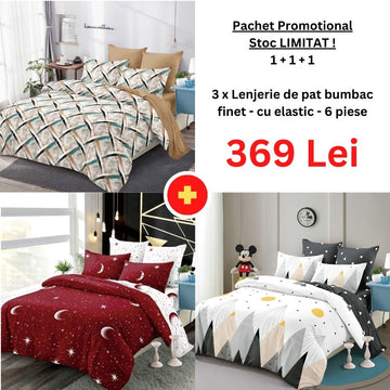 Pachet Promo 1+1+1 - Lenjerie de pat bumbac finet cu elastic | 18285-PR
