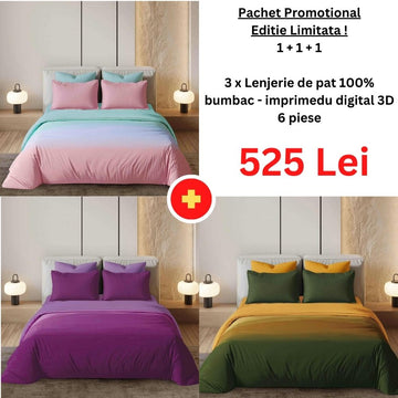 Pachet Promo 1+1+1 - Lenjerie de pat 100% bumbac - imprimeu digital - cu elastic | 15044