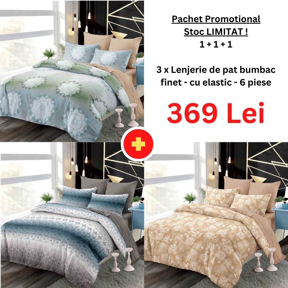 Pachet Promo 1+1+1 - Lenjerie de pat bumbac finet cu elastic | 18282-PR