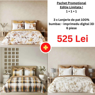 Pachet Promo 1+1+1 - Lenjerie de pat 100% bumbac - imprimeu digital - cu elastic | 15041