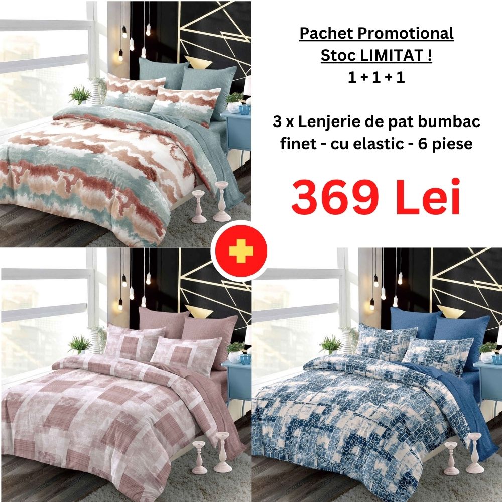 Pachet Promo 1+1+1 - Lenjerie de pat bumbac finet cu elastic | 18281-PR