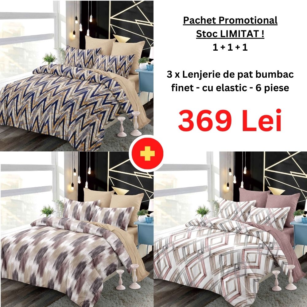 Pachet Promo 1+1+1 - Lenjerie de pat bumbac finet cu elastic | 18279-PR