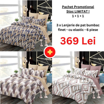 Pachet Promo 1+1+1 - Lenjerie de pat bumbac finet cu elastic | 18279-PR