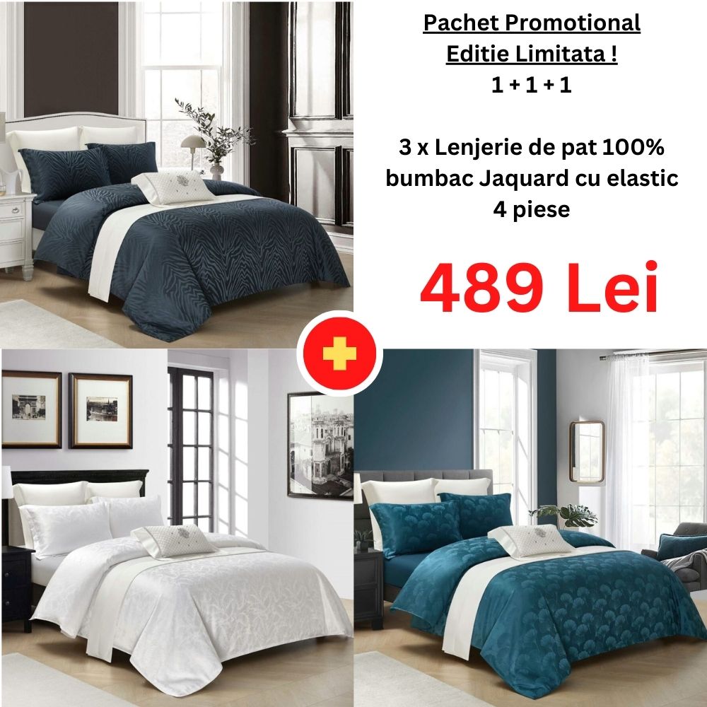 Pachet Promo 1+1+1 - Lenjerie de pat 100% bumbac Jaquard cu elastic | 15035