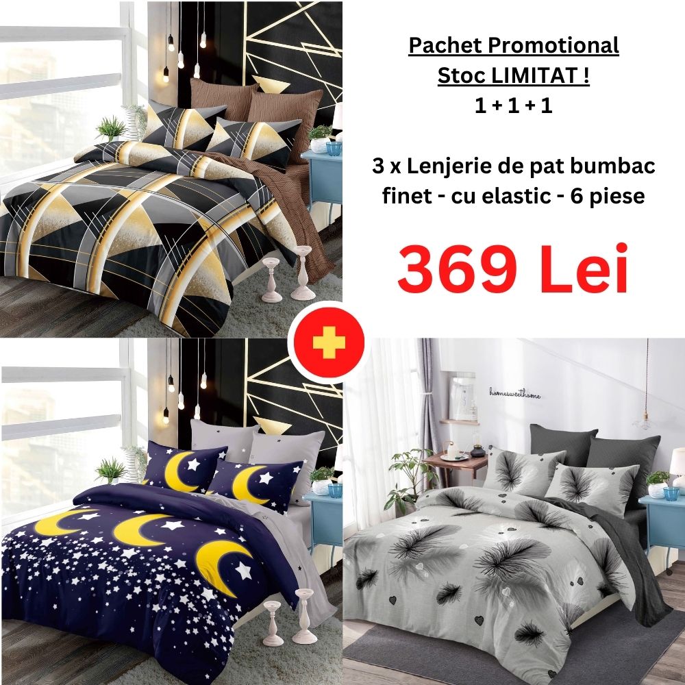 Pachet Promo 1+1+1 - Lenjerie de pat bumbac finet cu elastic | 18277-PR