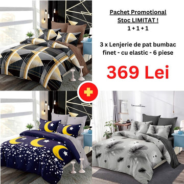 Pachet Promo 1+1+1 - Lenjerie de pat bumbac finet cu elastic | 18277-PR