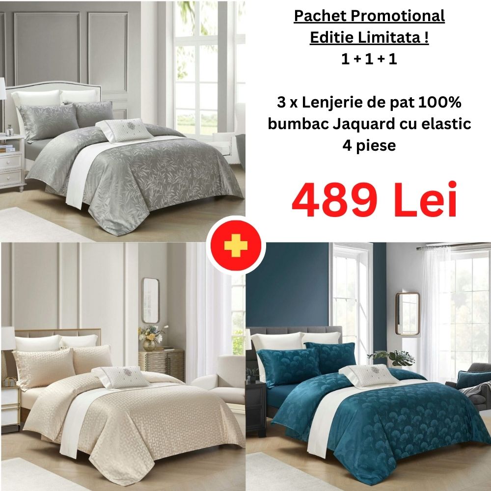 Pachet Promo 1+1+1 - Lenjerie de pat 100% bumbac Jaquard cu elastic | 15037