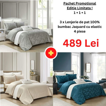 Pachet Promo 1+1+1 - Lenjerie de pat 100% bumbac Jaquard cu elastic | 15037