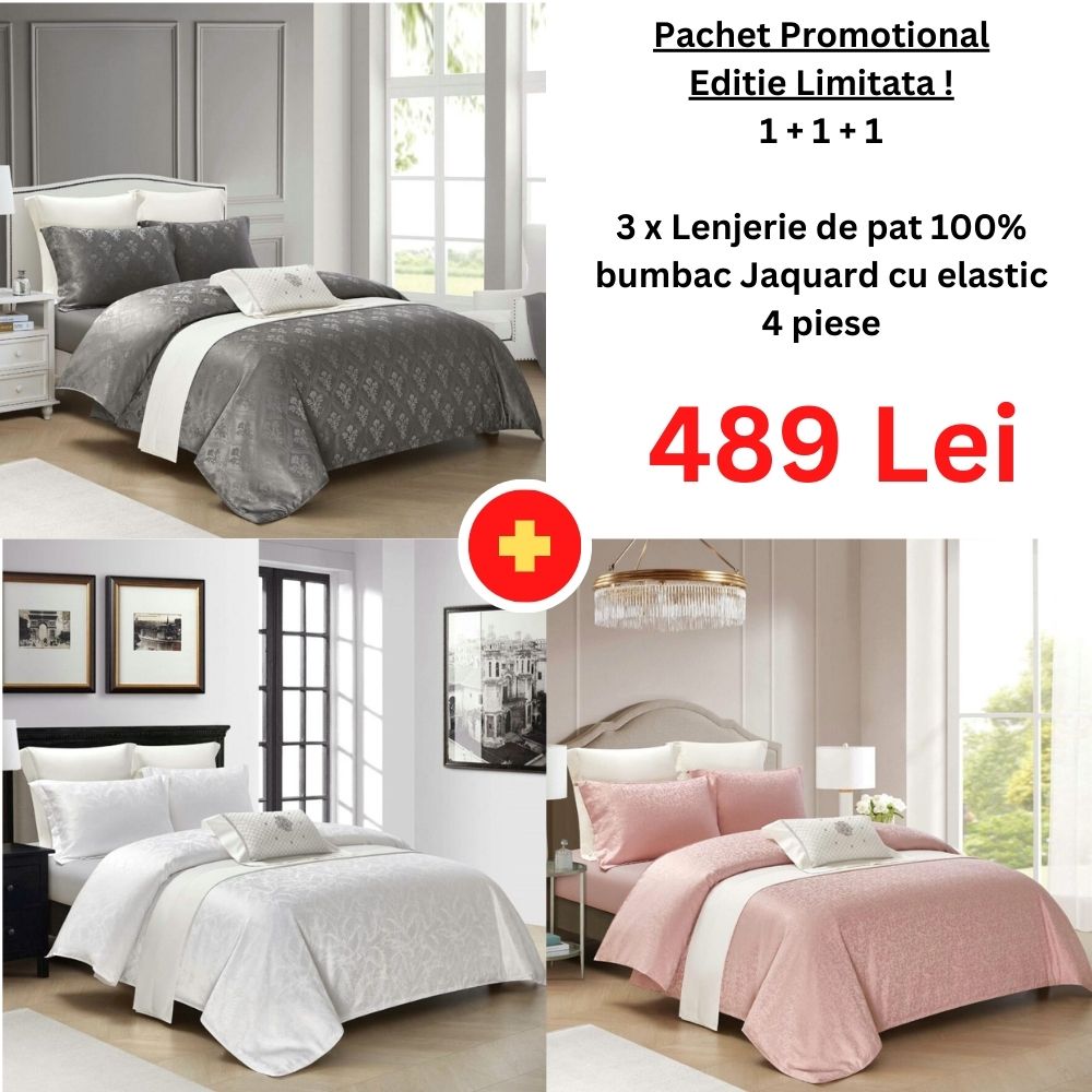 Pachet Promo 1+1+1 - Lenjerie de pat 100% bumbac Jaquard cu elastic | 15036