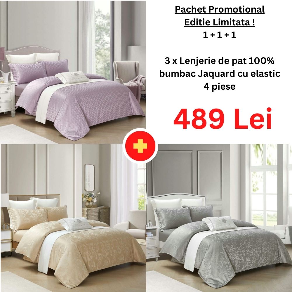 Pachet Promo 1+1+1 - Lenjerie de pat 100% bumbac Jaquard cu elastic | 15038