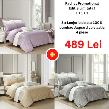 Pachet Promo 1+1+1 - Lenjerie de pat 100% bumbac Jaquard cu elastic | 15038