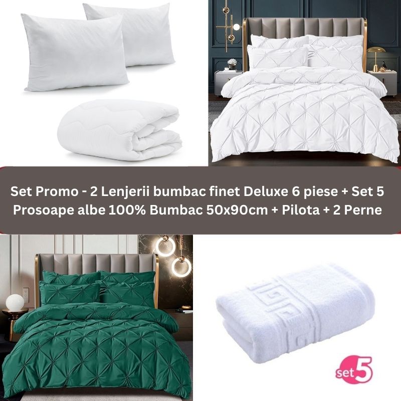 Pachet Promo - 2 Lenjerii bumbac finet Deluxe + Set 5 prosoape 100% Bumbac + Pilota + 2 Perne | 9241
