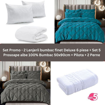 Pachet Promo - 2 Lenjerii bumbac finet Deluxe + Set 5 prosoape 100% Bumbac + Pilota + 2 Perne | 9240