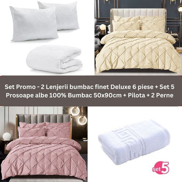 Pachet Promo - 2 Lenjerii bumbac finet Deluxe + Set 5 prosoape 100% Bumbac + Pilota + 2 Perne | 9239