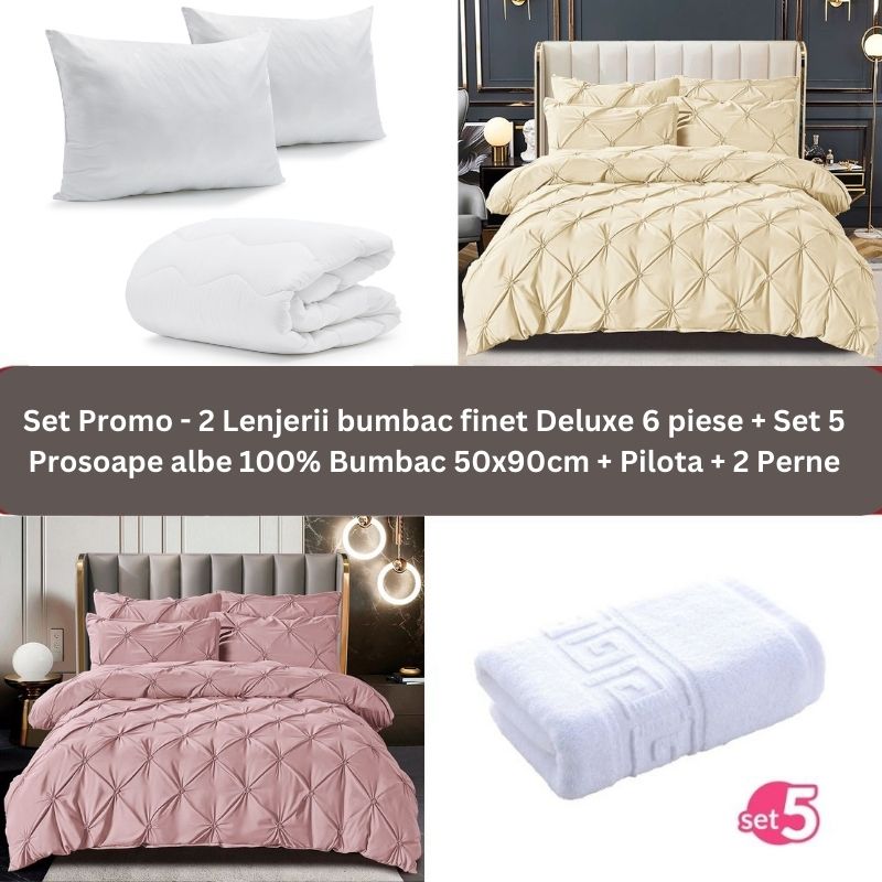 Pachet Promo - 2 Lenjerii bumbac finet Deluxe + Set 5 prosoape 100% Bumbac + Pilota + 2 Perne | 9239