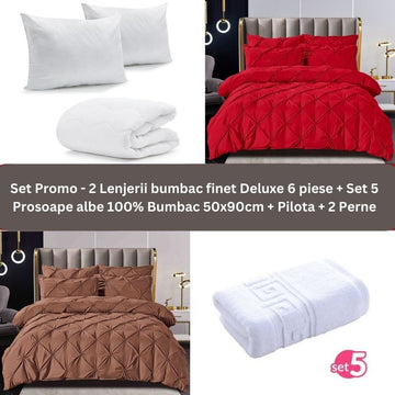 Pachet Promo - 2 Lenjerii bumbac finet Deluxe + Set 5 prosoape 100% Bumbac + Pilota + 2 Perne | 9238