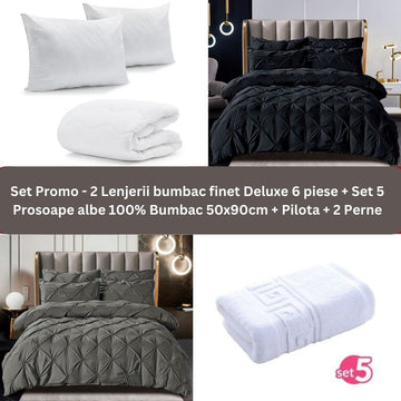 Pachet Promo - 2 Lenjerii bumbac finet Deluxe + Set 5 prosoape 100% Bumbac + Pilota + 2 Perne | 9237