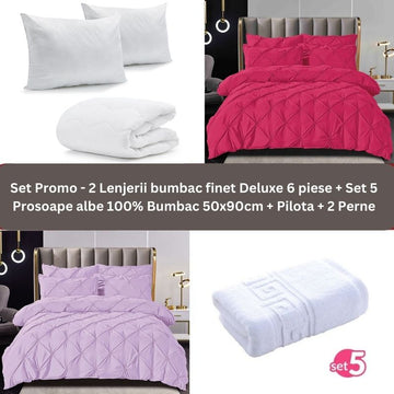 Pachet Promo - 2 Lenjerii bumbac finet Deluxe + Set 5 prosoape 100% Bumbac + Pilota + 2 Perne | 9236